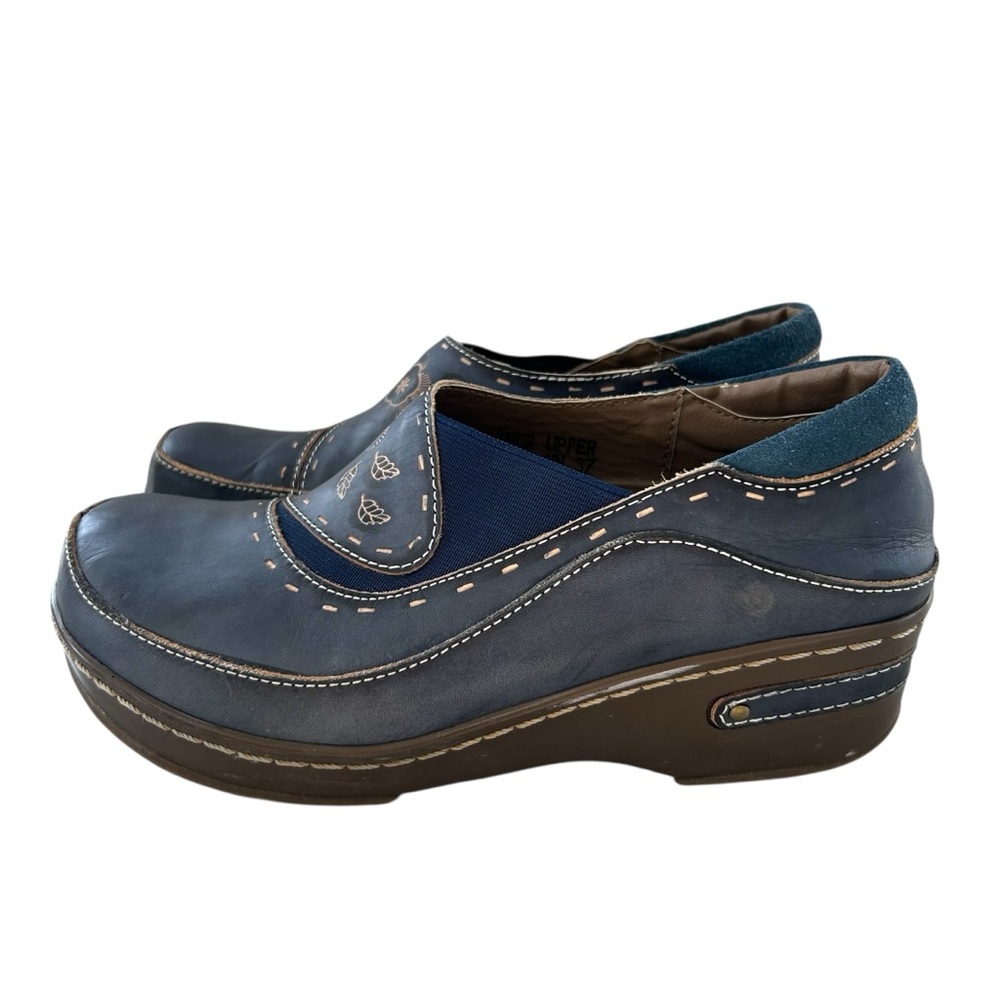 SPRING STEP L’Artiste Burbank Navy Blue Leather Clogs 37 Extra Narrow Width